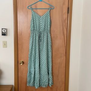 Green Summer Spaghetti Strap Polka Dot A-Line Button Down Slit Maxi Dress